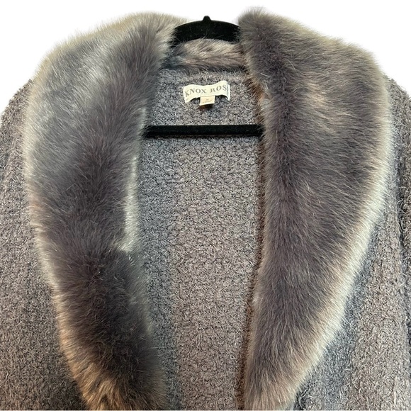 Knox Rose Gray Open Front Cardigan Sweater Faux Fur Detachable Collar Sz. S - Picture 7 of 15